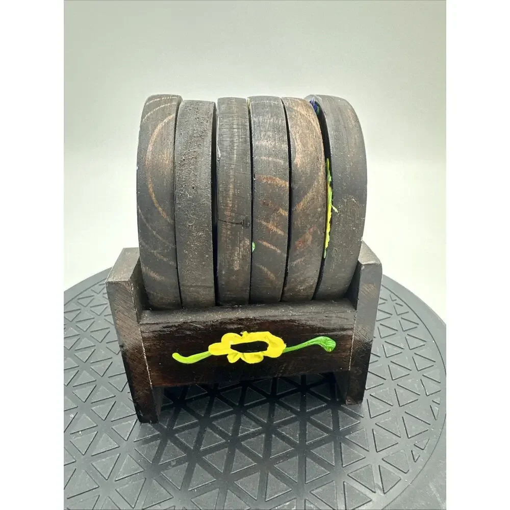 Hand Painted Lacquered Wood Coasters Hand Painter with Caddy Set Of 6